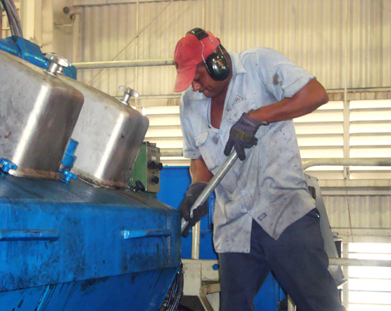 C. Singh, is adjusting the accelerator of the engine to enable a quick restart. He was part of the crew of GEBE technicians who worked more than 11 hours to locate the cause of the total blackout, make the necessary repairs and restore power by 5 p.m. 20090315voltagereglulatorfault