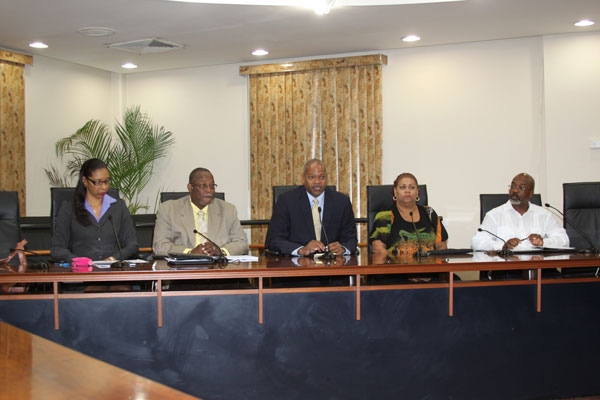 Linda Froston, Raphael Boasman, Minister Cornelius de Weever, Claire Elshot, and Hubert Pantophlet during the press conference at the A.C. Wathey Legislative Hall on Wednesday morning. cdeweeverandtripartitecommittee05072012
