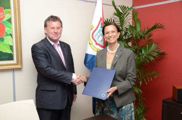Left to right, EU Ambassador Robert Kopecky presenting his credentials to Prime Minister Hon. Sarah Wescot-Williams. (DCOMM Photo) euambassadorrkopeckyandswescotwilliams04012012