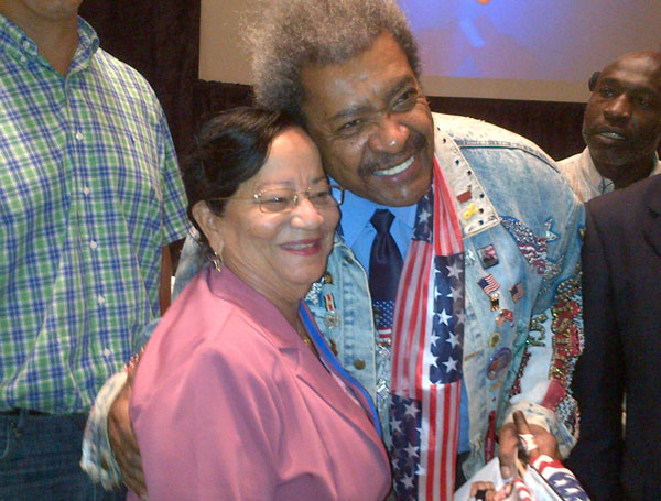 L to R: Jacinth Bryan-Labega being congratulated by the ever popular boxing promoter Don King, shortly after her re-election in Florida. jacinthbryanlabegaanddonking23102012