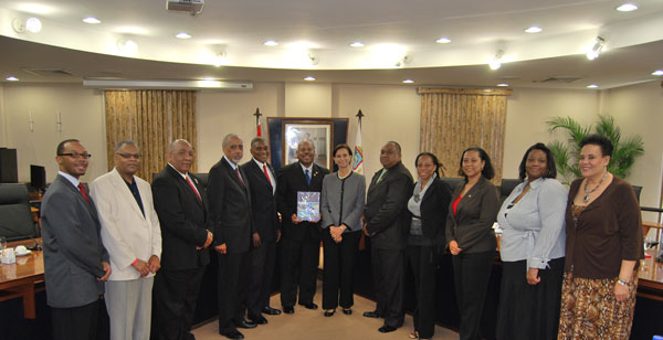 Left to right, Commissioner Vonzelle Johnson, Commissioner Willie Calhoun, Commissioner Jack C. Sims, Mayor John Mc Gowan, Founder Johnny Ford, President of WMC Mayor James Walls, Prime Minister Hon. Sarah Wescot-Williams, Minister of Finance Hon. Hiro Shigemoto, Minister of Education Hon. Rhoda Arrindell, Secretary General of the Council of Ministers Cassandra Janssen, City Clerk Sharlá Crutchfield, and Brenda Lee Dickerson of the City District Heights. (DCOMM Photo) mayorworldconferencerepsvisicom19012012