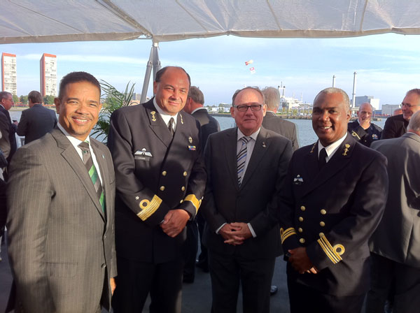 L to R: Minister Plenipotentiary Aruba Hon. Edwin Abath, Commander of the Dutch Marine Force Peter Lenselink, Minister Hon. Mathias Voges, and Sharlon Hinkert Marine Engineer Officer. mvogesatreceptionondutchroyalnavyship09092012