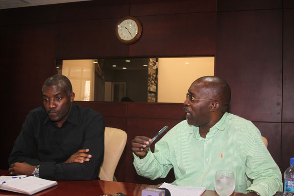 Members of Parliament Patrick Illidge and Roy Marlin giving media personnel their version of what took place at the Kadaster Office. pillidgeandrmarlin23072012