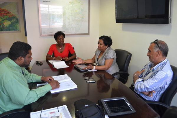 Left to right, Hon. Alain Richardson (President of the Collectivité of St. Martin (COM)), Jeanne Rogers-Vanterpool (Economic Affairs (COM)), Regina LaBega Managing Director (Princess Juliana Int’l Airport operating company N.V.), Romeo Fleming (former Commissioner of Tourism in the North). (PJIAE photo) pjiameetswithpresidentarichardson07062012
