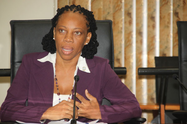 Minister of Education Dr. Rhoda Arrindell explaining the purpose of her trip to the Netherlands at Wednesday's Council of Ministers press briefing. rhodaarrindell18042012