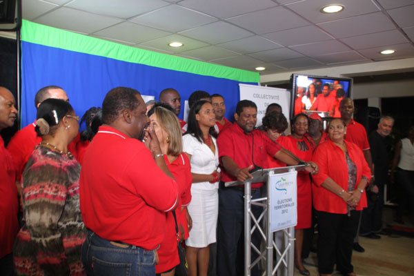 Leader of the RRR Alain Richardson and his team during his victory speech at the Collectivity of St. Martin Sunday night. rrrteamwinselection25032012