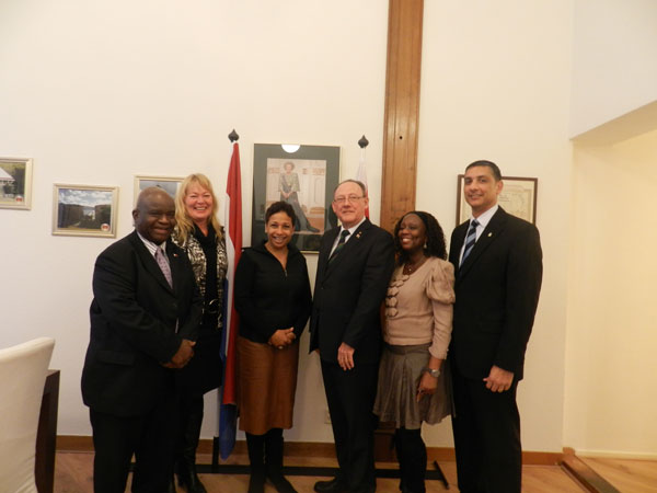Left to right, Director of the Cabinet drs. Cor James, Holland Sint Maarten Tourist Bureau rep L. Havermans, Director of the Tourist Bureau May-Ling Chun, Minister of Plenipotentiary Hon. Mathias Voges, Sint Maarten Tourist Bureau rep M. Jean Baptiste, and Minister Plenipotentiary Cabinet Advisor Perry Geerlings. touristofficerepsvisitmvoges09012012