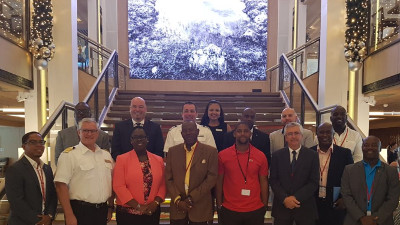 Viking Sea Captain Mikael Hilden (2nd from left) and Minister of Tourism Mellissa Arrindell-Doncher (3rd from left) along with other members of the welcoming delegation. vikingseacaptainwithsxmreps04122017