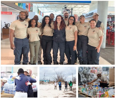 The entire team of K1 DIRECT on their way to Nassau, The Bahamas.,DIRECT Co-Manager Priya comforting a local at the distribution warehouse.,K1 DIRECT assessing the damage in Grand Bahama.Team member sorting through canned goods at the warehouse. k1direct22092019