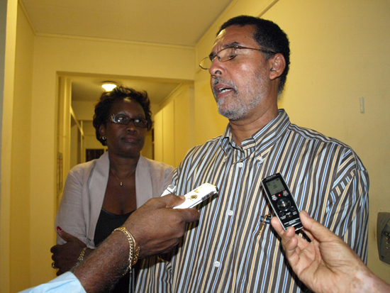 President Frantz Gumbs in the presence of VP Claire Javois addressing the media after the meeting. presidentgumbs