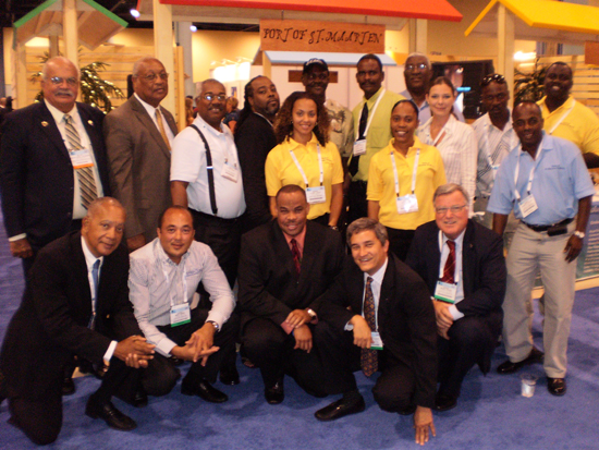 Left to right, Commissioner of Port Affairs Theo Heyliger kneeling fourth from left with members of a delegation comprising of harbour and tourism officials as well as private sector stakeholders. seatradecruiseconf