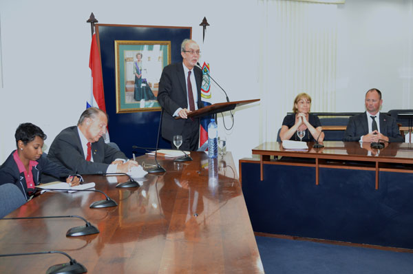 One of the presenters giving his presentation to a full room of government officials in the Dr. Claude Wathey Legislative Hall. (DCOMM) treatypresentation16022011