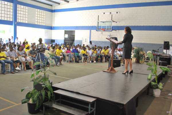 Commissioner Maria Buncamper Molanus addressing the students of Sundial School yesterday. violencepreventiondaysundialschool