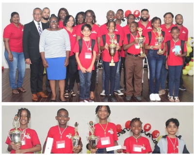 Minister Wycliffe Smtih, ADG Marcellia Henry, Ms. Selma Baker and representative of Scotiabank with the 5 finalists and- the five finalists. spellingbee31102018