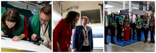 Leila Matroos-Lasten and José Jardim examining the details of a printed sheet of Cg banknotes. Leila Matroos-Lasten and José Jardim observing as the sheets of Cg banknotes roll through the printing press. The CBCS delegation with John Scott, Sarah Trygg-Rudberg and Carlos Robles from cbscurrency08062024
