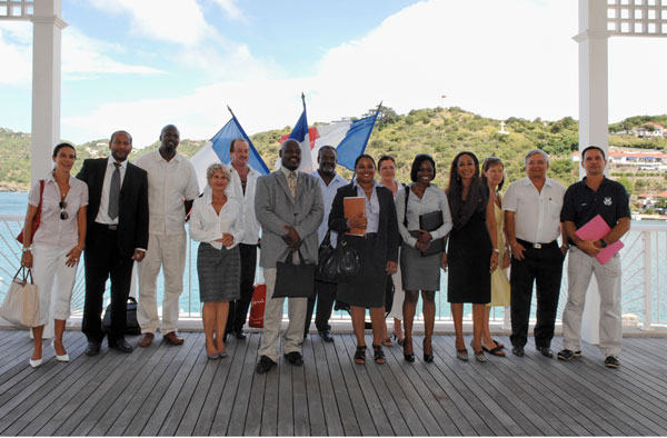 Participants to the inter-island meeting of October 25 in St. Barthelemy, (L-R): Stéphanie Bessiere, Director of Tourism (St. Martin); Louis Jeffry, 4th Vice President, Collectivity of St. Martin; Hon. Haydn Hughes, Parliamentary Secretary, Tourism (Anguilla); Marithé Weber, 4th Vice President, Collectivity of St. Barthelemy and President of the Tourism Board; Glenn Holm, Director of Tourism (Saba); Charles Lindo, Director of Tourism (St. Eustatius); Eustace Guishard, Chairman of the Anguilla Tourism Board; Candis Niles, Director of Tourism (Anguilla) and Barbara Soleil (Anguilla); Kalifa Hickinson, Acting Manager, Marketing & Communications, PJIAE (St. Maarten); Inès Bouchaut-Choisy, Director, Tourism Office (St. Barthelemy); Catherine Charneau, Tourism Office (St. Barthelemy); Senator Michel Magras, 3rd Vice President of the Collectivity of St. Barthelemy; Ernest Brin, Director, Port of St. Barthelemy. interislandrepsinstbarths29112011